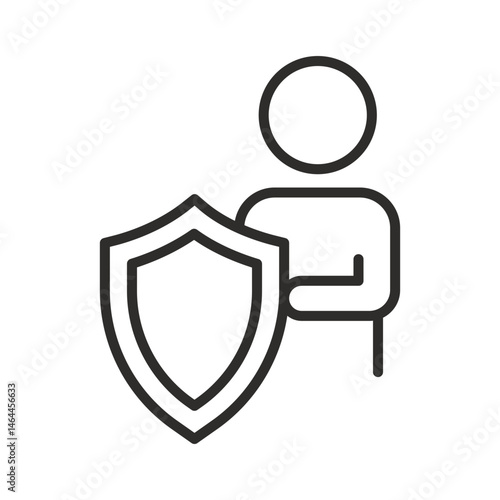 user protection icon, person with shield, insurance, thin line vector illustration