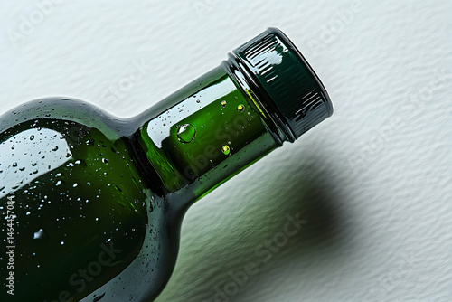 Close up of green glass bottle with water droplets on white surface