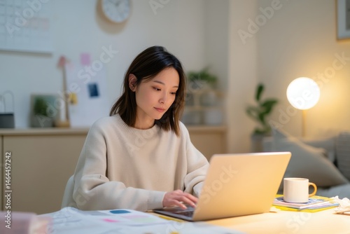 A quiet and focused Japanese woman working alone in a serene home office, comfortably managing spreadsheets and organizing documents on her laptop.