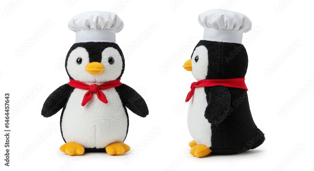 Fototapeta premium Plush penguin dressed as Italian chef with hat and scarf for playful culinary fun