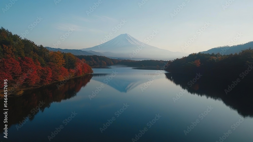 Obraz premium Mount Fuji serene landscape reflected in calm lake with autumn foliage, picturesque nature scenery, travel destination, outdoor adventure, Japan scenic view.