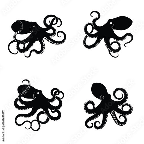 Octopus with tentacles in different positions, silhouette set vector. Big octopus silhouette collection on a white background. Sea creatures like octopuses or squids, full body silhouette bundles.