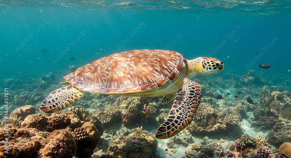 Obraz premium Graceful sea turtle glides over vibrant coral reef, sunlight fil