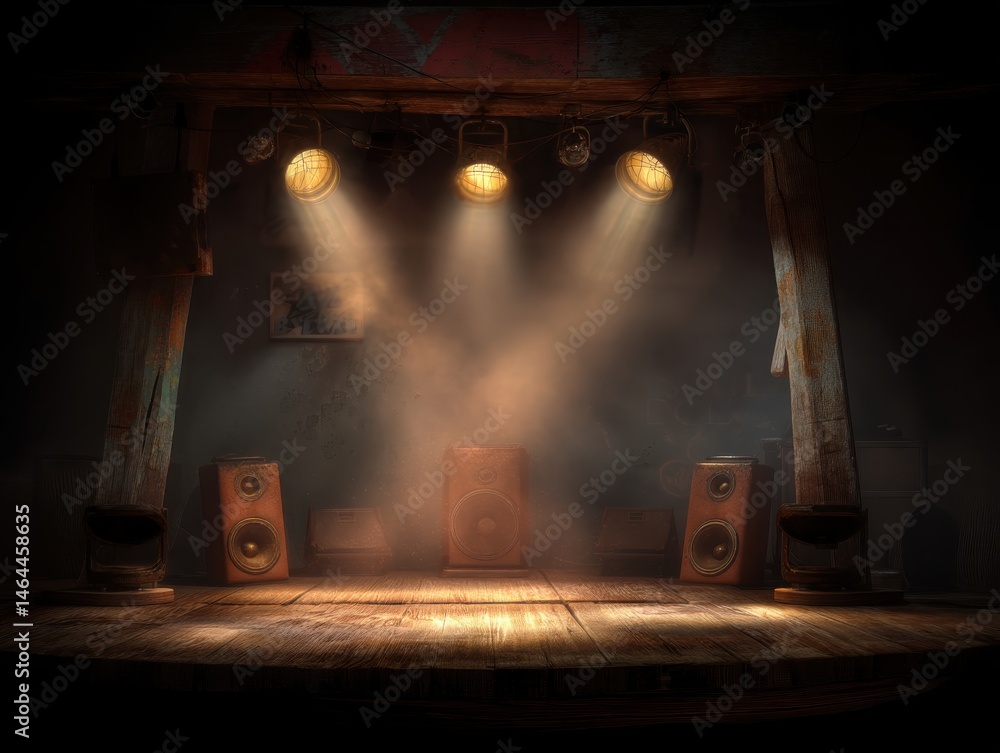 Obraz premium A rustic stage with soft, warm spotlights shining down, giving the scene a vintage, cozy concert vibe. Wooden textures and a hint of old-school stage speakers around the edges create a nostalgic.