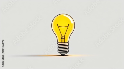 A simple line drawing of a glowing yellow light bulb, minimal outline style with soft neon glow, white background, clean vector illustration
