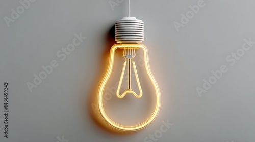 A simple line drawing of a glowing yellow light bulb, minimal outline style with soft neon glow, white background, clean vector illustration