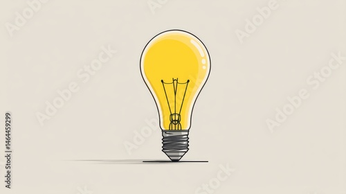 A simple line drawing of a glowing yellow light bulb, minimal outline style with soft neon glow, white background, clean vector illustration