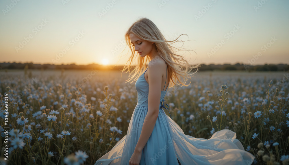 Obraz premium Elegant Woman with Windblown Hair in Wildflower Meadow.