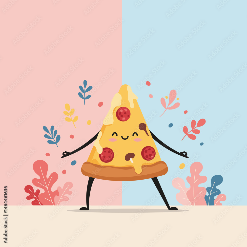 Obraz premium Happy pizza slice character doing yoga pose with arms outstretched on colorful background with copy space