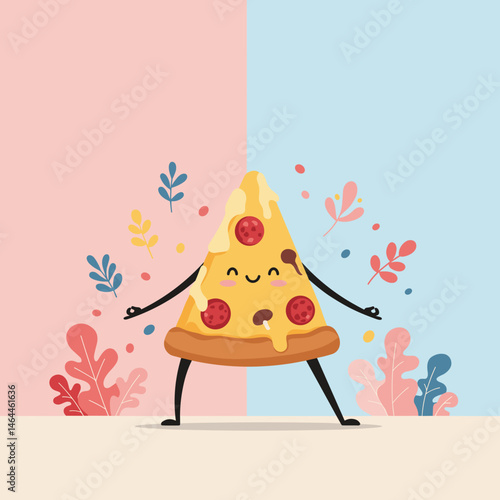 Happy pizza slice character doing yoga pose with arms outstretched on colorful background with copy space