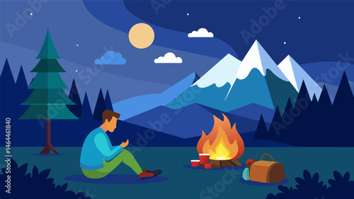 A lone camper sits by the campfire roasting hot dogs and marshmallows as he enjoys a nontraditional dinner in the great outdoors.. Vector illustration