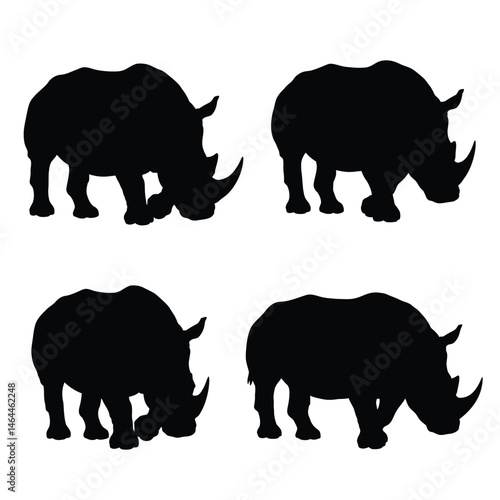 Herbivorous rhino standing silhouette on a white background. Wild peaceful rhino standing in different positions. Rhino full body silhouette collection. Dangerous rhinoceros silhouette bundle design.
