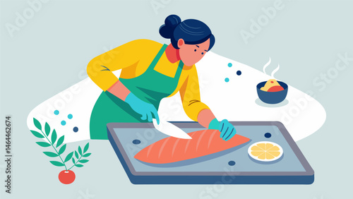 A person lining a baking sheet with foil and placing a salmon fillet on top before seasoning it with lemon and herbs.. Vector illustration