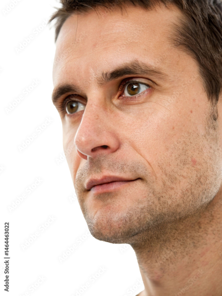 Fototapeta premium Close-up of a focused Caucasian male with short brown hair and deep brown eyes, exuding contemplation.