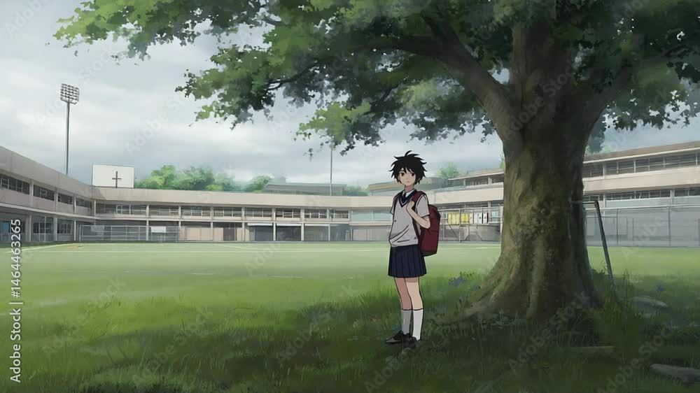 Tranquil animation of a cute anime boy standing peacefully under a large, blooming pink cherry blossom tree. Ideal for anime and serene springtime visuals. Tranquil animation of a cute anime boy standing peacefully under a large, blooming pink cherry blossom tree. Ideal for anime and serene springtime visuals.