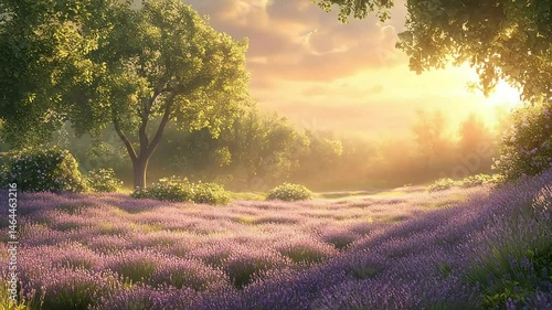 Sunset over lavender field scene with trees and golden light
