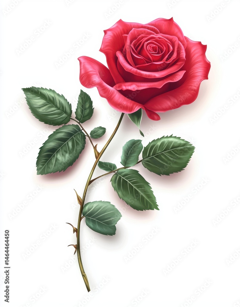 Fototapeta premium Stunning Red Rose with Green Leaves on White Background, Perfect for Floral Arrangements, Valentine's Day, or Romantic Decorations