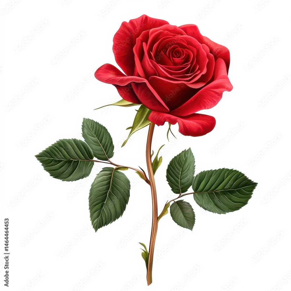 Fototapeta premium Stunning Red Rose with Lush Green Leaves on a White Background, Symbolizing Love and Passion in Nature's Beauty