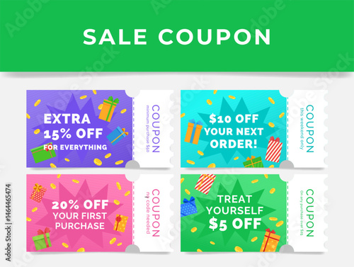 Sale coupon set featuring discounts and promotions for various purchases to attract customers in a vibrant design