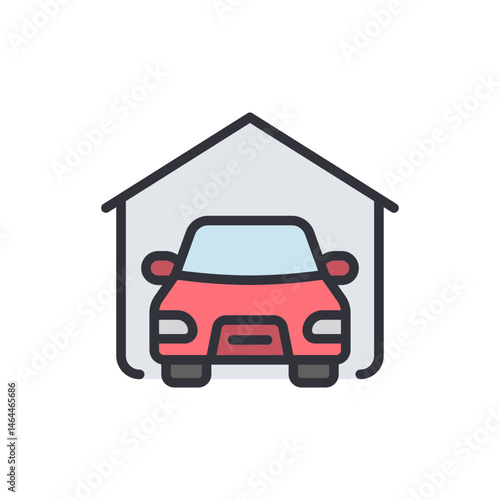 Red car safely parked inside a grey garage showcasing car ownership