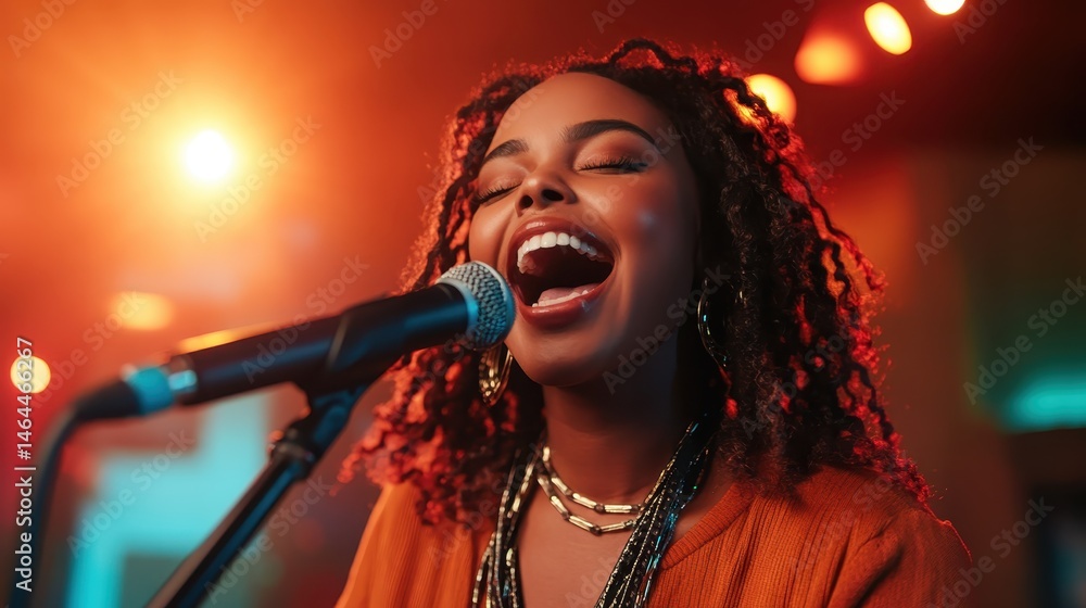A passionate artist sings into a microphone on stage, illuminated by vibrant lights, projecting energy, emotion, and creativity in a lively musical performance. A passionate artist sings into a microphone on stage, illuminated by vibrant lights, projecting energy, emotion, and creativity in a lively musical performance.
