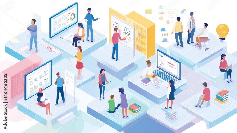 Multi-level isometric illustration of diverse people collaborating. Multi-level isometric illustration of diverse people collaborating.