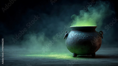 Witch Cauldron with green glowing potion on a dark foggy background for your spooky design with copy space