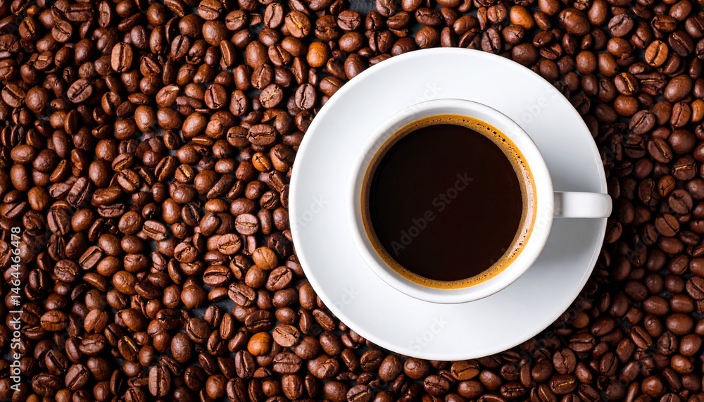 Custom AI Model top view of cup of black coffe put it on coffe beans Custom AI Model top view of cup of black coffe put it on coffe beans