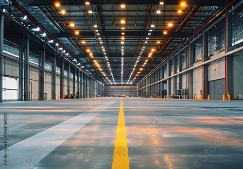 Spacious industrial warehouse with high ceiling  reflective floor  columns  lighting  and distant equipment.