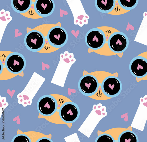 Patron de gato tierno y patitas con corazones
