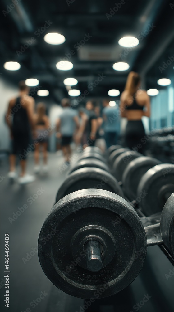 Fototapeta premium Close shot of a a dumbbell stand inside a gym full of people exercising, realistic faces, skins and outfits