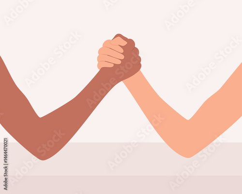 Arm wrestling of female hands of different skin tones, flat vector illustration