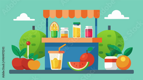 A healthconscious stand with a variety of fresh fruit and vegetable juices along with protein bars and energy bites.. Vector illustration