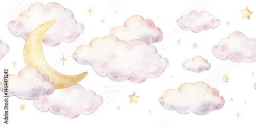 Watercolor sky seamless border with clouds, crescent moon, and scattered stars in pastel colors. Hand drawn Illustration of repeat Pattern for baby shower greeting cards or childish invitations.