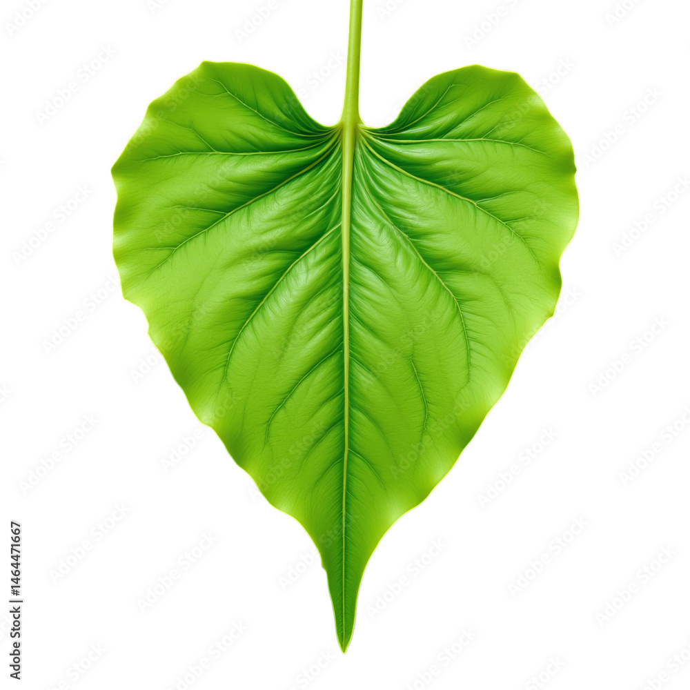 Fototapeta premium Heart-shaped Green Leaf, Detailed Veins, Transparent Background.