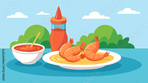 A plate of grilled shrimp with a side of zesty tail sauce a light and proteinpacked snack for guests at an outdoor BBQ.. Vector illustration
