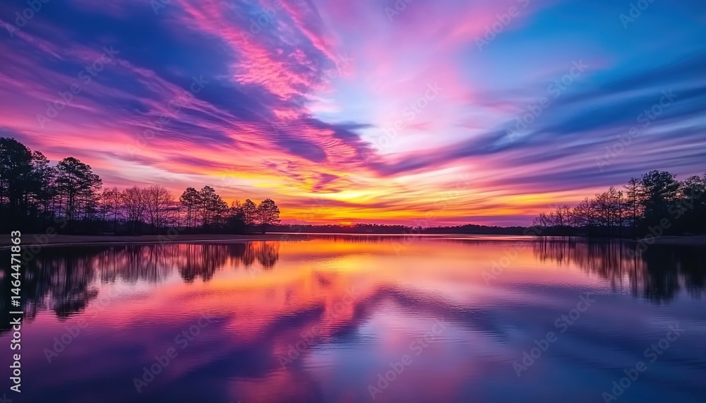 Fototapeta premium Serene lakeside sunset with pink-purple sky reflections and tree silhouettes.