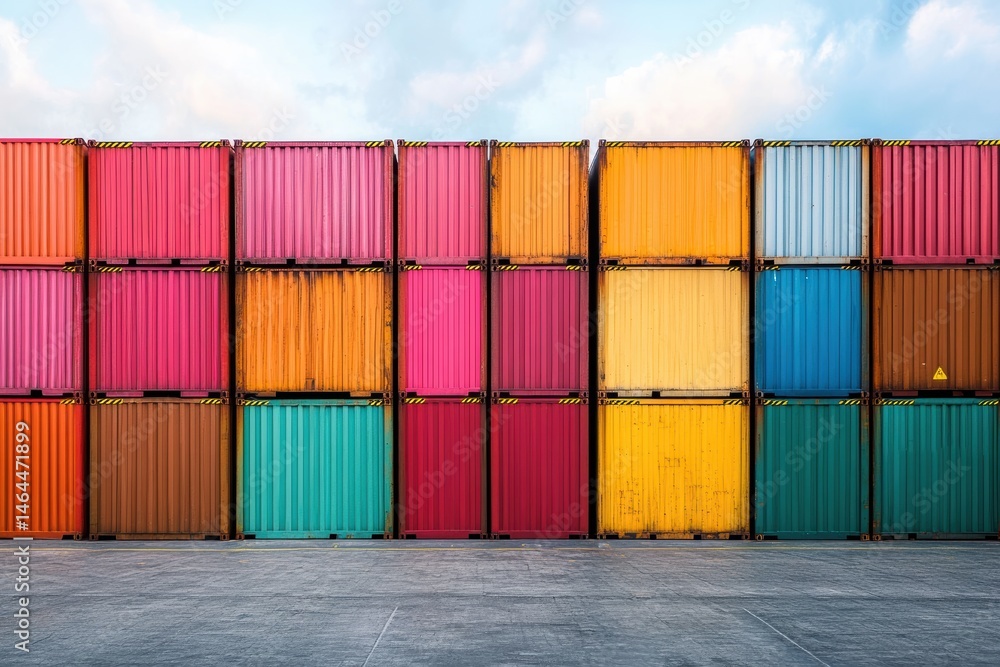 Fototapeta premium Containers stacked in vibrant colors against a clear sky at a shipping yard