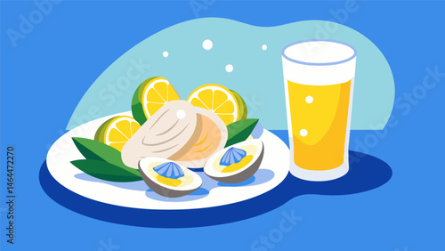 A light refreshing pilsner served with a platter of briny oysters on the half shell.. Vector illustration