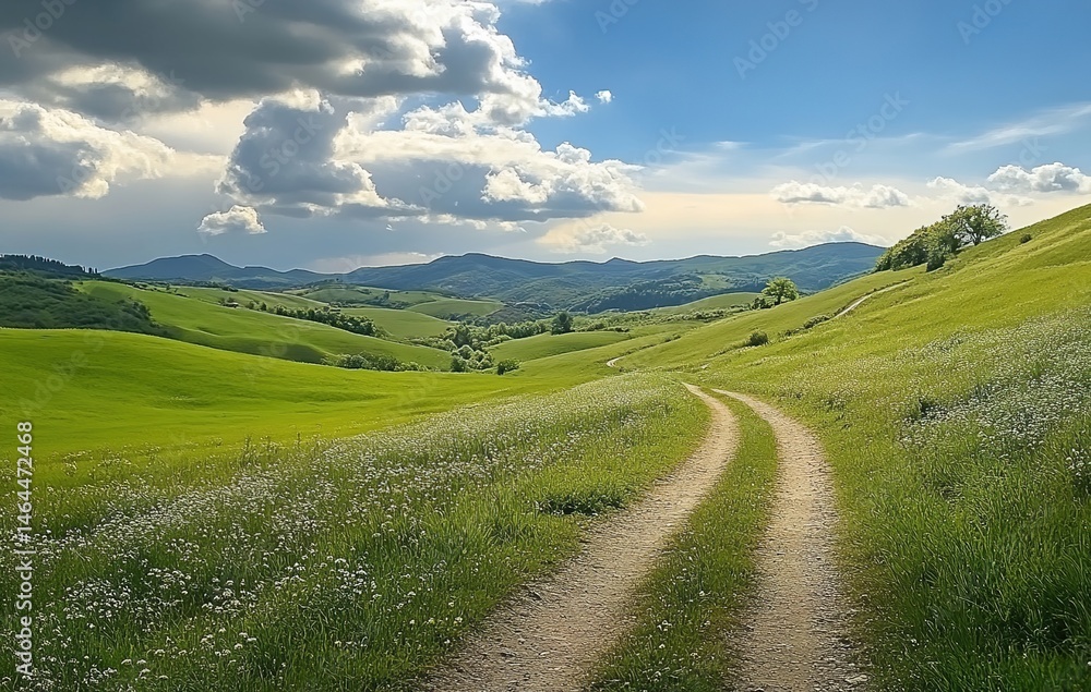 Winding dirt path through white-flower dotted hills under blue sky with clouds. Winding dirt path through white-flower dotted hills under blue sky with clouds.