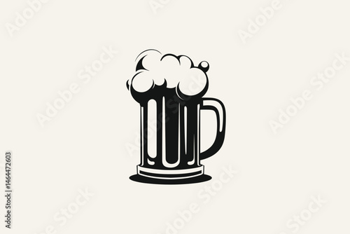 A classic black and white illustration of a frothy mug of beer, featuring textured bubbles and a smooth handle.
