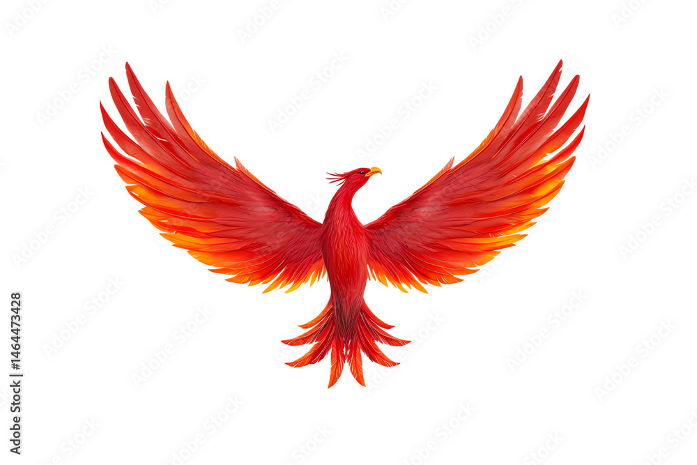Fototapeta premium A vibrant red and orange phoenix with wings spread wide in a powerful, upward pose.