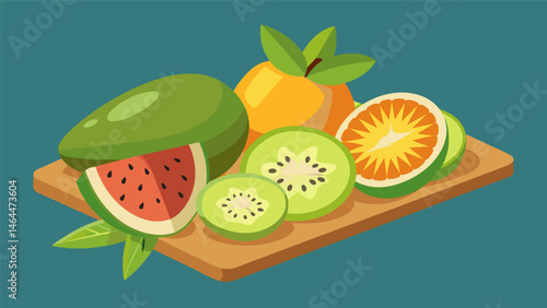A feast for the senses with a tropical fruit board featuring sliced kiwi guava and lychee.. Vector illustration