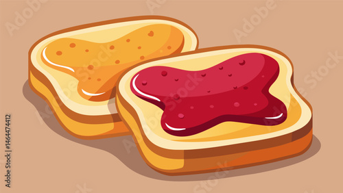 A classic duo of peanut butter and jelly spread between two slices of soft white bread.. Vector illustration