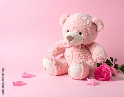 Adorable pink teddy bear sitting with a single rose and scattered petals—sweet and simple setup for love-themed or baby gift ideas