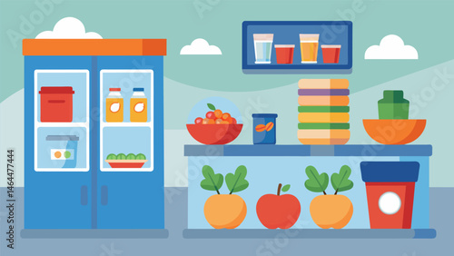 A kidfriendly snack station in the company daycare stocked with fruit pouches crackers and finger foods to keep the little ones happy and nourished. Vector illustration