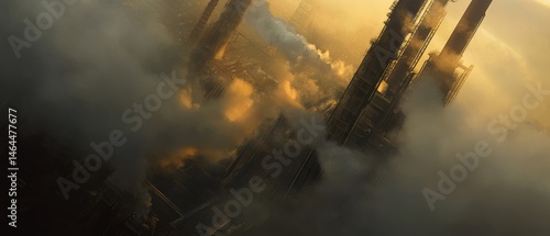 Aerial view of industrial skyline with smokestacks and factories surrounded by fog and clouds during sunset, eco-friendly technology and urban development. photo