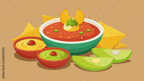 A homemade salsa bar featuring classic salsa roja y pineapple habanero and creamy avocado cilantro with a generous helping of crispy tortilla chips.. Vector illustration