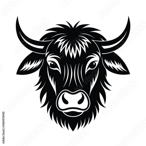Elegant black and white illustration of a yak head depicting a powerful bull animal