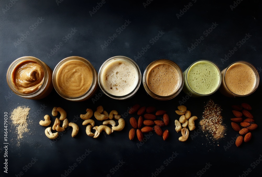 Fototapeta premium Assorted Nut Butters and Powders Displayed in Jars with Nuts on Dark Surface, Healthy Snacks and Spread Options for Nut Lovers